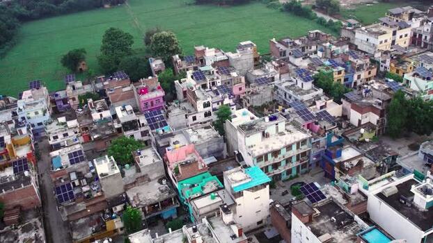 Aerial view of solar panels on rooftops in Lucknow India.