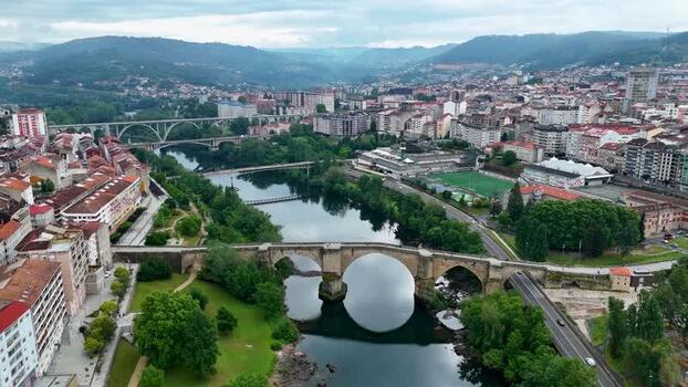 Aerial view of Ponte Vella de Ourense and the Minho River Spain. Aerial view of Ponte Vella de Ourense and the Minho River Spain.