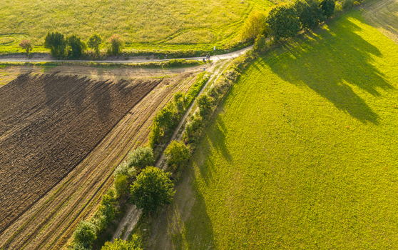 Aerial view of the rolling fields and dirt roads of the Kashubia region with lush green meadows and ploughed earth under soft golden hour light in Pomeranian Voivodeshi Poland. Aerial view of the rolling fields and dirt roads of the Kashubia region with lush green meadows and ploughed earth under soft golden hour light in Pomeranian Voivodeshi Poland.