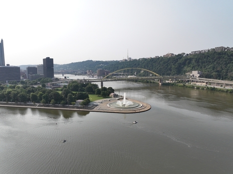 Aerial view of Point State Park Fountain at the confluence of the rivers in Pittsburgh Pennsylvania United States.