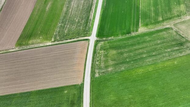 Aerial view of fields and roads France.
