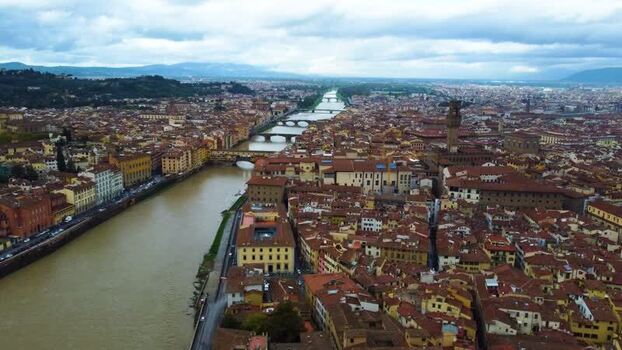 Aerial view of Arno river in Florence Italy.