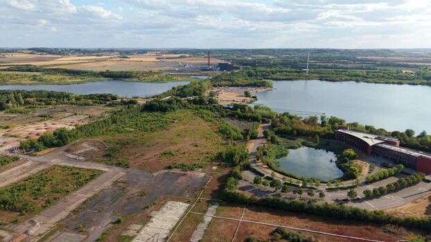Aerial view of Stewartby Lake and surrounding parkland United Kingdom.