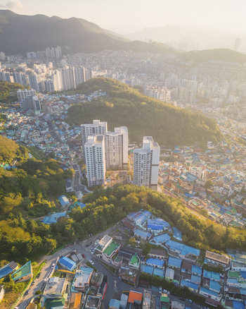 Aerial view of Gamcheon Culture Village at sunrise Busan South Korea.