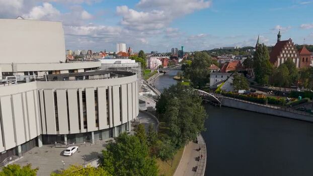 Aerial view of Opera Nova and river Poland. Aerial view of Opera Nova and river Poland.