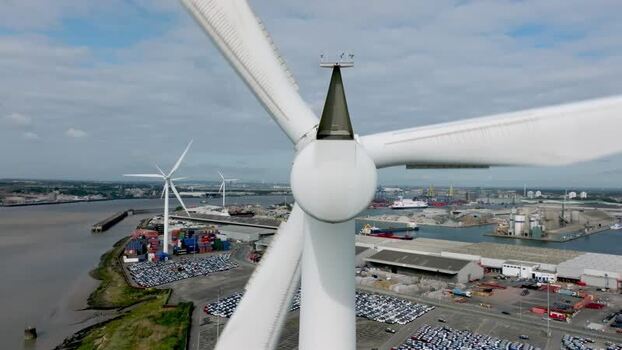 Aerial view of Port of Tilbury wind turbines United Kingdom.