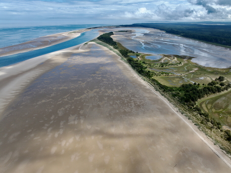 Aerial view of the Moray Firth Coast featuring extensive tidal sandbanks winding water channels and coastal greenery under a cloudy sky in Nairn Scotland United Kingdom.