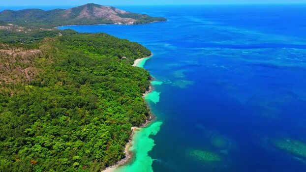 Aerial view of the lush coastline and coral reefs in Honduras. Aerial view of the lush coastline and coral reefs in Honduras.