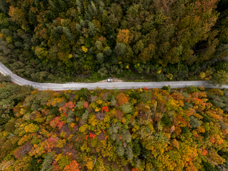 Aerial view of a winding road cutting through a dense forest with vibrant autumn foliage and a small white vehicle parked on the roadside in Bulgaria. Aerial view of a winding road cutting through a dense forest with vibrant autumn foliage and a small white vehicle parked on the roadside in Bulgaria.
