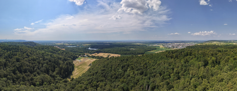 Aerial view of dense forests agricultural fields and a distant town under a blue sky with scattered clouds in Weingarten Baden Wurttemberg Germany. Aerial view of dense forests agricultural fields and a distant town under a blue sky with scattered clouds in Weingarten Baden Wurttemberg Germany.