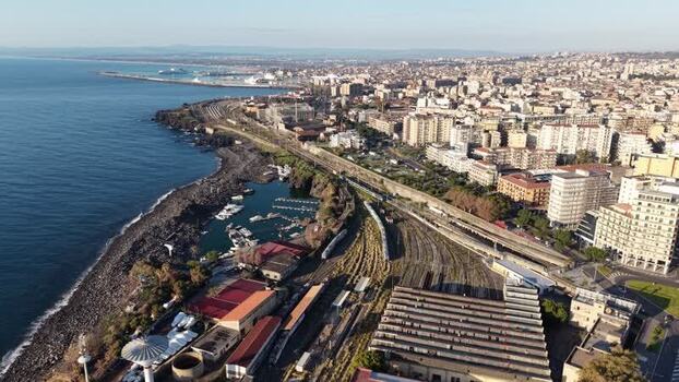 Aerial view of Catania coastline and railway tracks Italy. Aerial view of Catania coastline and railway tracks Italy.