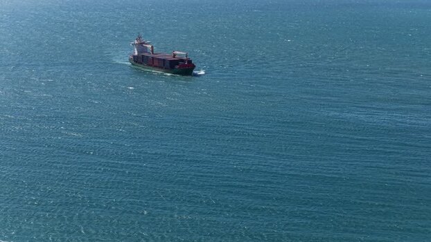 Aerial view of a cargo ship in the ocean Portugal.