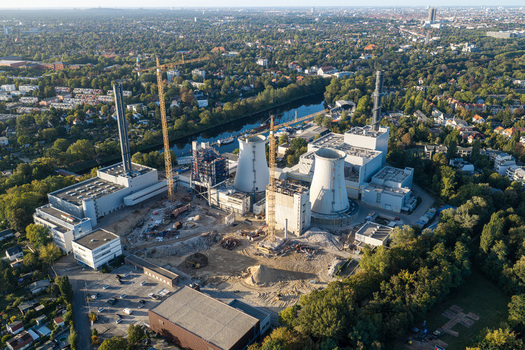 Aerial view of the deconstruction of the Combined Heat and Power Plant Lichterfelde with cooling towers and cranes in Berlin Berlin Germany. Aerial view of the deconstruction of the Combined Heat and Power Plant Lichterfelde with cooling towers and cranes in Berlin Berlin Germany.