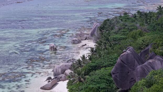 Aerial view of Anse Reunion beach La Digue Seychelles.