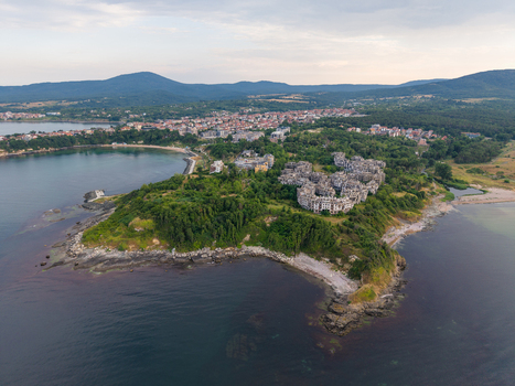 Aerial view of the coastline and resort buildings in Tsarevo Burgas Bulgaria.