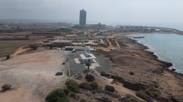 Aerial view of a coastal church in Famagusta Northern Cyprus.