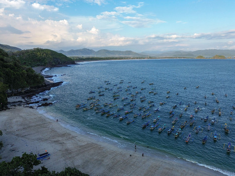 Aerial view of Papuma Beach with numerous traditional fishing boats anchored in the clear blue bay surrounded by lush green hills and sandy coastline in Jember East Java Indonesia. Aerial view of Papuma Beach with numerous traditional fishing boats anchored in the clear blue bay surrounded by lush green hills and sandy coastline in Jember East Java Indonesia.