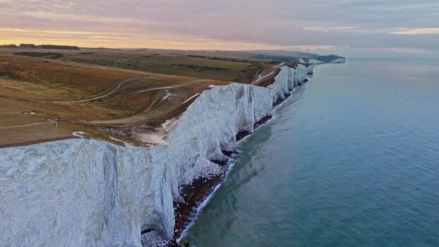 Aerial view of Seven Sisters Cliffs at sunset United Kingdom. Aerial view of Seven Sisters Cliffs at sunset United Kingdom.