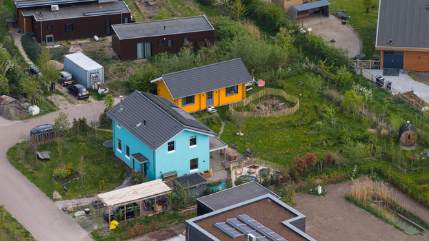 Eco Village Almere aerial views. Sustainable residential area. Eco Village Almere aerial views. Sustainable residential area.