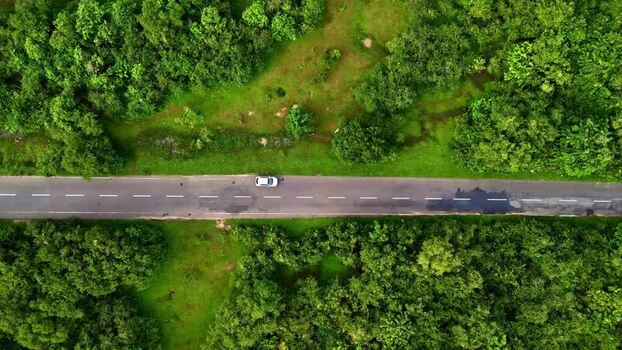 Aerial view of a white car on a road in Sri Lanka.