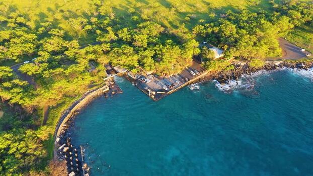Aerial view of Mahukona Beach Park and the rocky coastline United States.