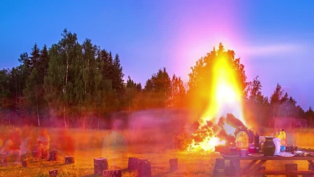 View of a bonfire in a forest Latvia.