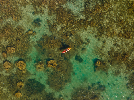 Aerial view of a solitary kayak glides across the cerulean waters weaving through the submerged landscapes of coral reefs Goro New Caledonia. Aerial view of a solitary kayak glides across the cerulean waters weaving through the submerged landscapes of coral reefs Goro New Caledonia.