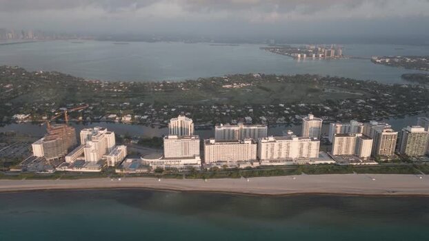 Aerial view of Miami Beach hotels and coastline United States.