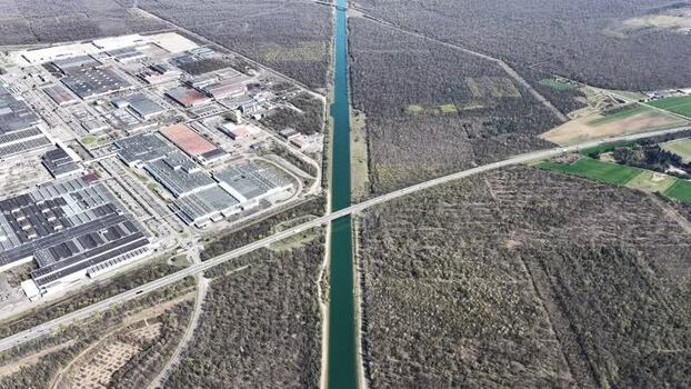 Aerial view of industrial area and canal France.