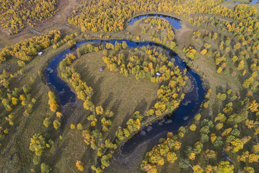 Aerial view of the Ljusnan river winding through a landscape of autumn colored trees and meadows in Bruksvallarna Jamtland County Sweden. Aerial view of the Ljusnan river winding through a landscape of autumn colored trees and meadows in Bruksvallarna Jamtland County Sweden.