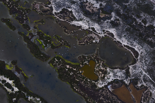 Aerial view of intricate waterways carve through the landscape a mosaic of dark waters contrasting with the bright salt kissed shores San Pedro del Pinatar Region of Murcia Spain. Aerial view of intricate waterways carve through the landscape a mosaic of dark waters contrasting with the bright salt kissed shores San Pedro del Pinatar Region of Murcia Spain.