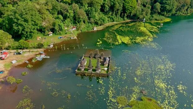 Aerial view of Pura Ulun Danu Tamblingan in Indonesia.
