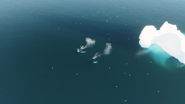 Aerial view of whales near an iceberg Greenland. Aerial view of whales near an iceberg Greenland.
