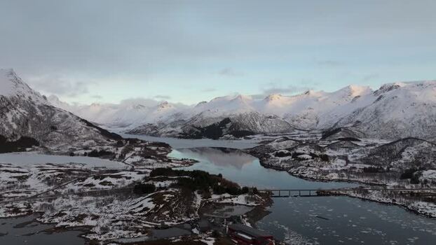 Aerial view of Lofoten mountains and fjord in Norway.