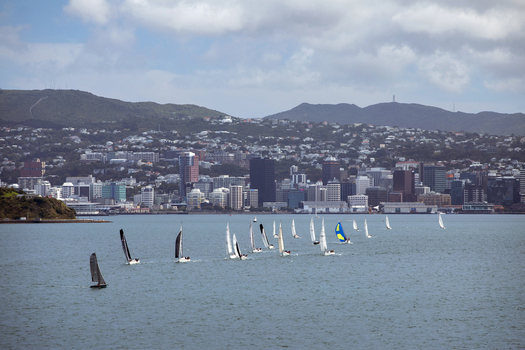 View of sailboats racing across the harbour with the city skyline and rolling hills under a cloudy sky in Wellington Wellington Region New Zealand.