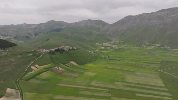 Aerial view of Castelluccio village in Umbria Italy.