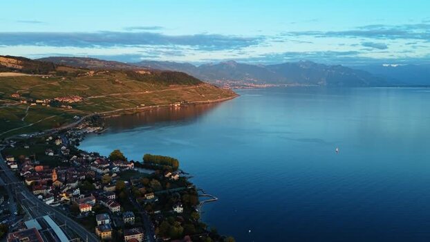 Aerial view of Cully and Lake Geneva Switzerland.