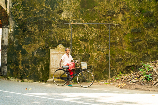 Sri Lanka 04 February 2026 View of an elderly man sitting on a bicycle in front of the historic mossy stone walls of Galle Fort.