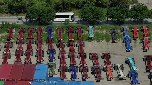 Aerial view of semi truck trailers and containers United States. Aerial view of semi truck trailers and containers United States.