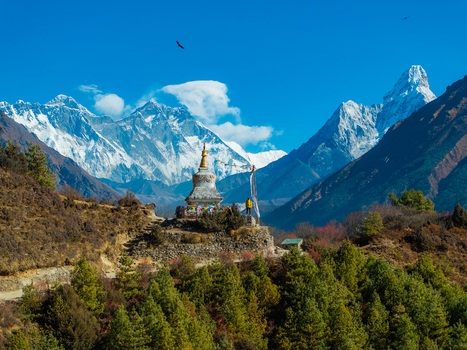 Aerial view of a Buddhist stupa with prayer flags set against the snow capped peak of Ama Dablam and lush pine forests in the Himalayas Nepal.