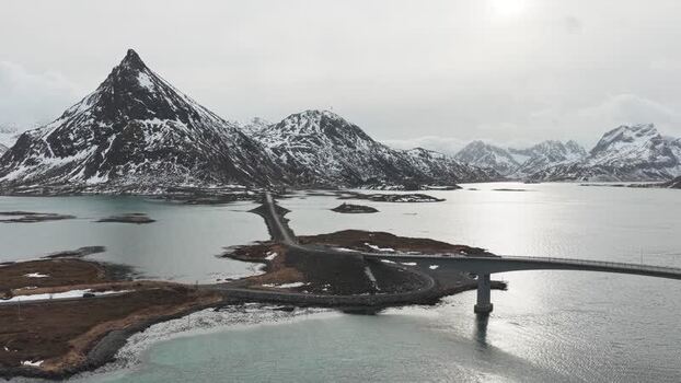 Aerial view of Flakstadbruene bridges Norway.