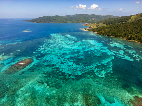 Aerial view of the vibrant coral reefs and turquoise waters along the lush tropical coastline of Guanaja island Guanaja Bay Islands Department Honduras. Aerial view of the vibrant coral reefs and turquoise waters along the lush tropical coastline of Guanaja island Guanaja Bay Islands Department Honduras.