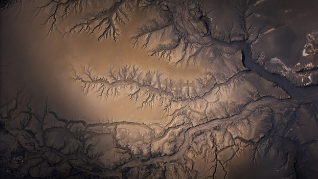 Aerial view of abstract dendritic patterns formed by glacial rivers and sandy terrain in the volcanic landscape near Langisjor Vik Myrdalshreppur Iceland. Aerial view of abstract dendritic patterns formed by glacial rivers and sandy terrain in the volcanic landscape near Langisjor Vik Myrdalshreppur Iceland.