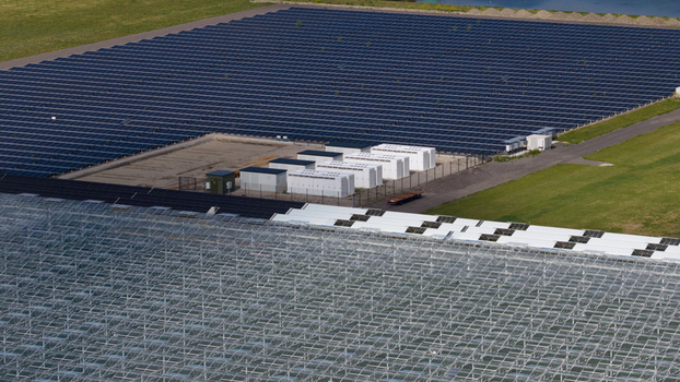 Aerial view of Battery Storage System at Greenhouses and Solar Park Aerial view of Battery Storage System at Greenhouses and Solar Park
