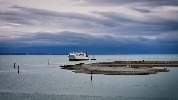 Aerial view of a ferry and tugboat near Port Nelson New Zealand. Aerial view of a ferry and tugboat near Port Nelson New Zealand.
