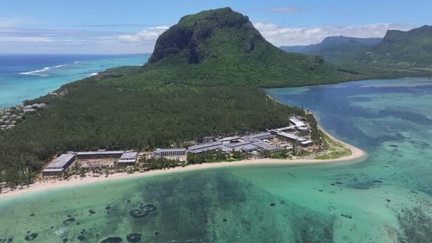 Aerial view of Le Morne mountain and resort in Mauritius.