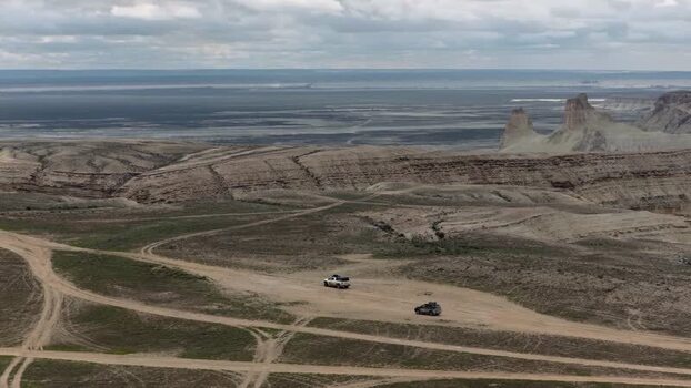 Aerial view of off road vehicles in Bozjyra Kazakhstan.