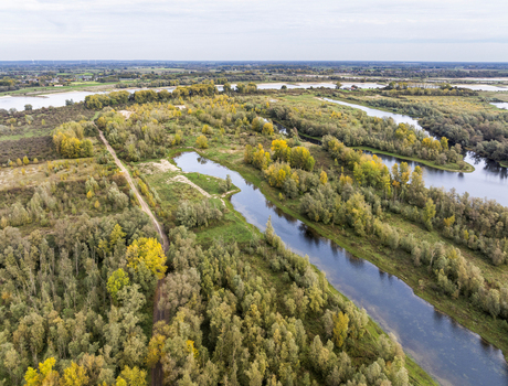 Aerial view of nature reserve Millingerwaard with winding waterways lush autumn forests and dirt paths in Millingen aan den Rijn Gelderland Netherlands.