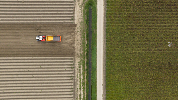 Aerial view of a tractor with a trailer working in a plowed field next to a green crop field and a narrow path in Zeewolde Flevoland Netherlands. Aerial view of a tractor with a trailer working in a plowed field next to a green crop field and a narrow path in Zeewolde Flevoland Netherlands.