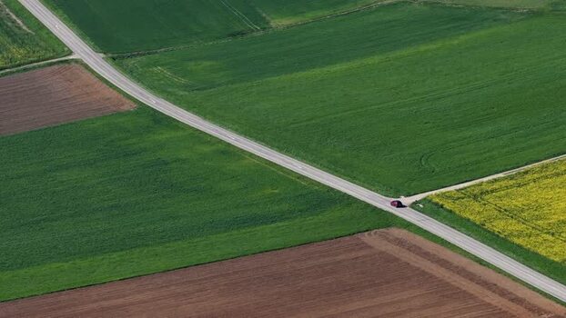 Aerial view of road and fields France.
